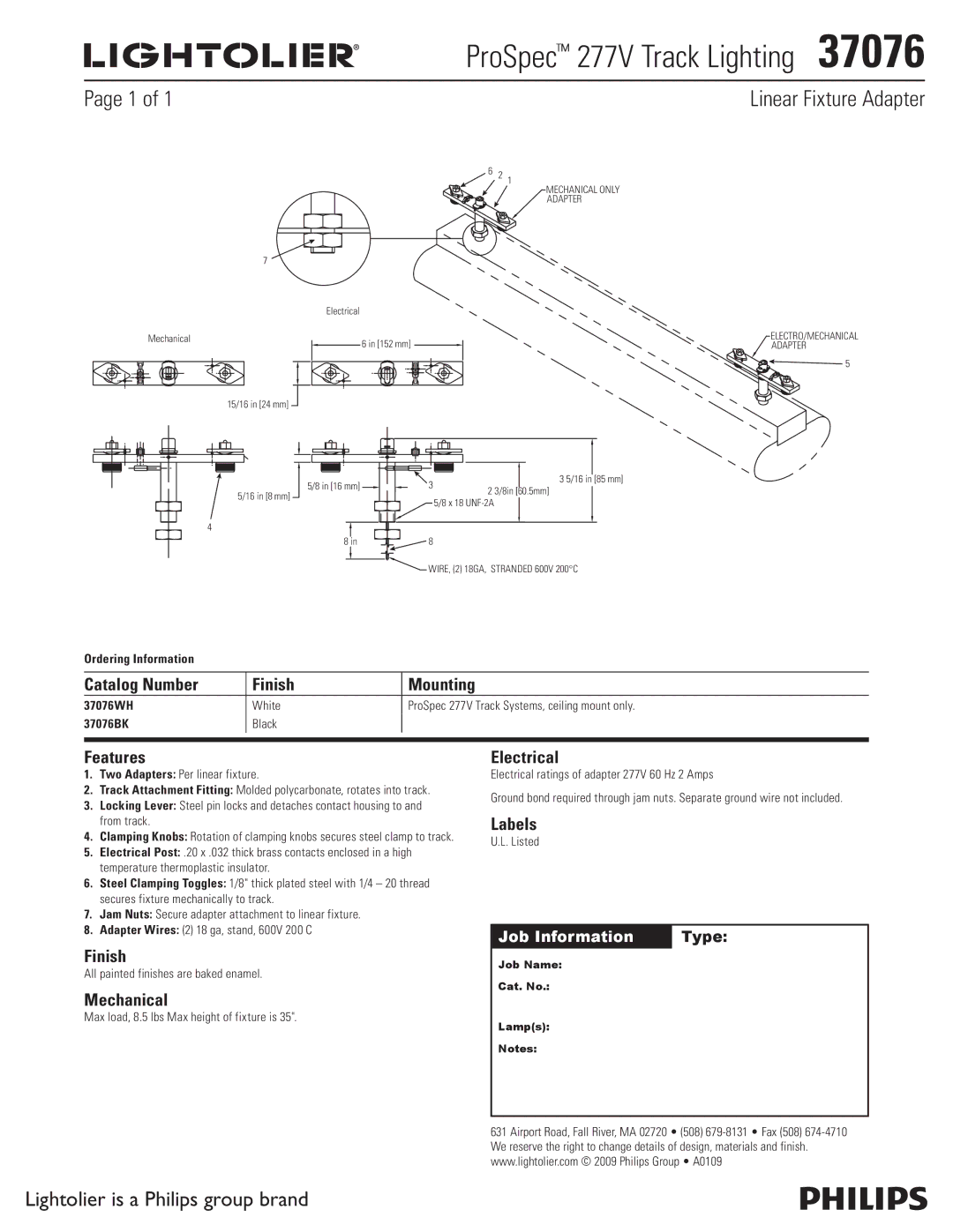 Lightolier 37076 manual ProSpec 277V Track Lighting  